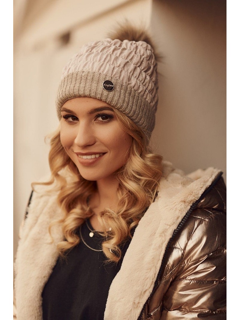 Ruffled hat with glitter and cappuccino pompom C59 - Online store - Boutique